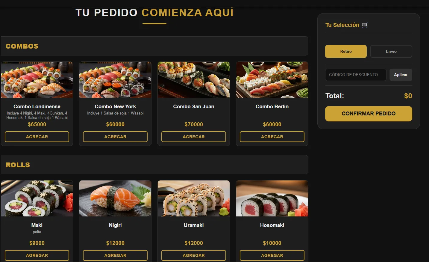 Vista previa de la interfaz del Sistema Gastronómico Sushi, mostrando el catálogo digital