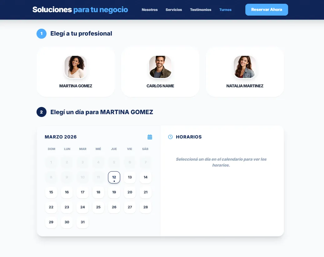 Interfaz web del Sistema Turnero Pro, mostrando la gestión de agenda